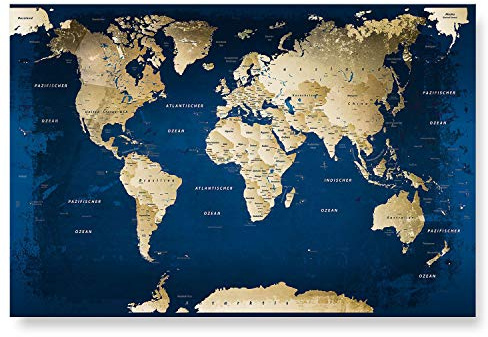 LanaKK – Weltkarte Glasbild „Weltkarte Ocean” edler Glas-Kunstdruck hinter 4 mm starkem geschliffenem Glas in blau, einteilig in 120x80cm