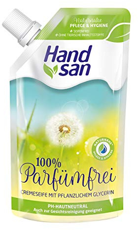 Handsan 100 % Parfümfrei, 6 x 300 ml im Nachfüllbeutel, Flüssigseife mit pflanzlichem Glycerin, Seife zum Händewaschen und zur Gesichtsreinigung, pH-hautneutral, Cremeseife