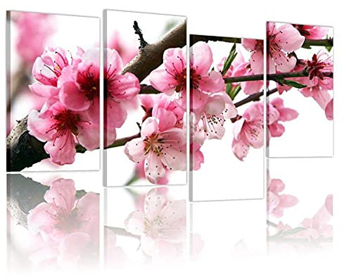 Quadri L&C ITALIA Fiori di Pesco - Quadro con Fiori Moderni Rosa Bianchi per Soggiorno Camera da Letto Cucina Ufficio 152 x 78 Stampa su Tela Canvas da Parete 4 Pezzi Grandi