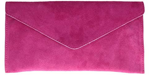 Girly Handbags Womens Genuine Italian Suede Leather Envelope Clutch Bag Wedding Purse Handbag Crossbody Bag Large Fuchsia