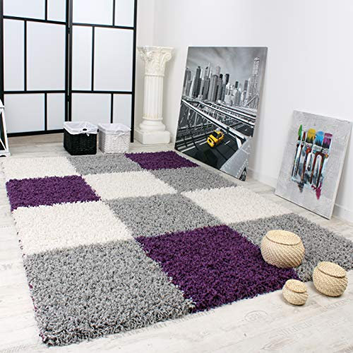Paco Home Shaggy Teppich Hochflor Langflor Gemustert in Karo Lila Schwarz Weiss, Grösse:190x280 cm
