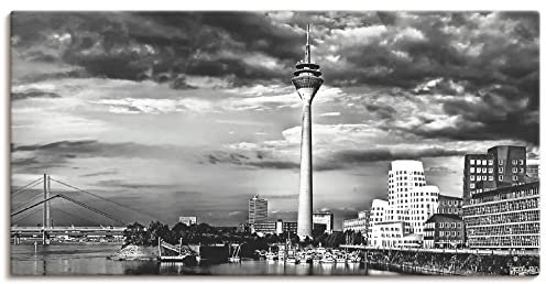 ARTLAND Wanddeko Leinwand Bilder Wandbild 60 x 30 cm Stadt Rheinturm Düsseldorf Fluss Rhein Foto Schwarz Weiß Skyline Q4DE