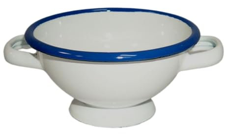 Kleiner Emaille Durchschlag, Seiher, Abtropfsieb weiss- blau, 11 cm