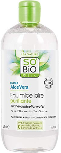 SO'BiO étic Cosmebio Hydra Aloe Vera Mizellenwasser für fettige Haut, 500 ml