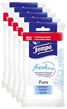 Tempo Feuchttücher fresh to go Pure, erfrischende Reinigungstücher für unterwegs mit frischem Duft, 5 x 10 Tücher (50 Tücher)