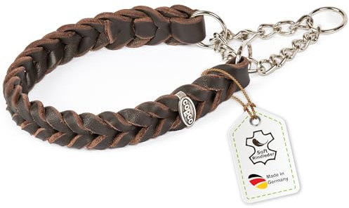 CopcoPet Fettleder Halsband 55–60cm x 25mm Braun – Geflochten mit Zugstopp-Kette – Robust & weich – Verchromte Kette – Lederhalsband für große Hunde, Training & Alltag