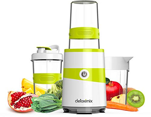 DETOXIMIX - Blender Mixeur Électrique 1000 W - Smoothies, Soupes, Jus ou Poudre - 2 Blocs Lames + 2 Mugs avec Bouchon Sport ou Conservation + Anse Pichet + Livre de Recettes