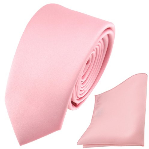 TigerTie - schmale Satin Krawatte + Einstecktuch in rosa Uni - Schlips Binder
