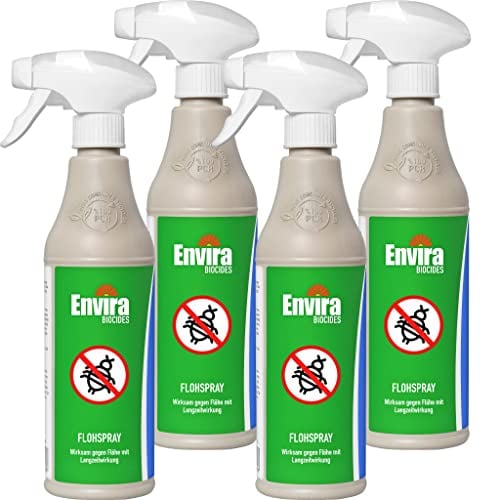 Envira Floh Abwehrspray 4 x 500 ml - Spray mit Langzeitwirkung gegen Flöhe, Katzenfloh, Hundefloh - Mittel gegen Flöhe für Wohnung & Möbel - Effektives Flohmittel & Flohschutz