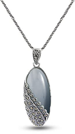 JadeAngel Sterling Silber mit Mond Quarz und Markasit Anhänger Halskette Thail Vintage Schmuck