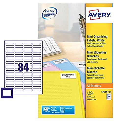 Avery JamFREE, Printable, Mini Multipurpose Labels, Customisable, 46 x 11.1 mm, White, 84 Labels per Sheet, 2100 Blank Labels per Pack (L7656-25)