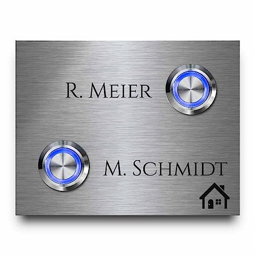 2 Fach Türklingel aus Edelstahl mit Gravur und Namen - Modell Wagner ab 9x7 cm | Klingelplatte mit 2 LED-Klingeltastern | Personalisiert mit Wunschtext und Motiven | Klingel für Mehrfamilienhaus