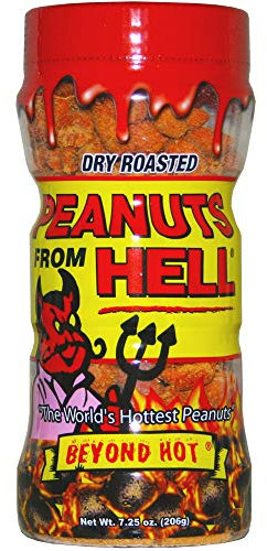 KICKIN' Cacahuètes épicées Habanero de l'enfer - Pot de 7,25 oz - Snack Pack de cacahuètes chaudes épicées Gourmet Perfect Premium - Cacahuètes grillées à sec avec épices et piments Habanero.