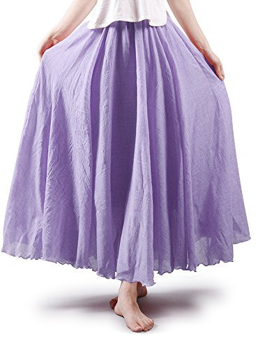 Phorecys Women's Bohemian Style Elastic Waist Band Cotton Linen Long Maxi Skirt Dress Violet 95CM Length