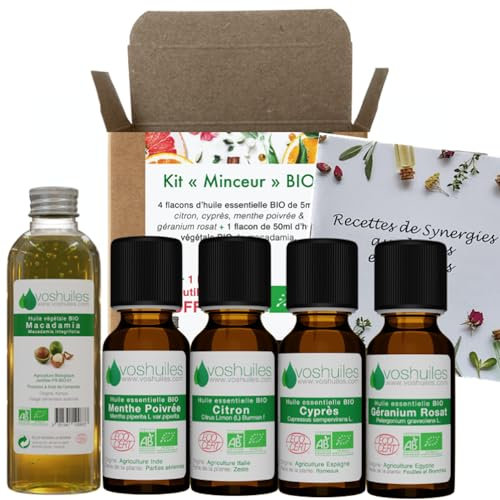 VOSHUILES - Kit Minceur - 4 Huiles Essentielles + 1 Végétale Bio - 100% Pure et Naturelle - HEBBD, Ecocert - Citron, Cyprès, Menthe Poivrée, Géranium Rosat, Macadamia - Massage - 4x5ml, 1x50ml
