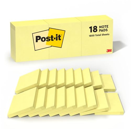 Post-it Notes, 3 in x 3 in, 18 Sticky Notes Pads, 100 Sheets per Pad, The Iconic Canary Yellow Note, School Supplies and Oﬃce Products