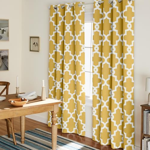 TOWN & COUNTRY EVERYDAY Ironwork Geo Trellis Sateen Indoor Curtains, Room Darkening Blackout, Grommet Top, Energy Efficient, 2-Pack Set, 52x108, Sundress Yellow