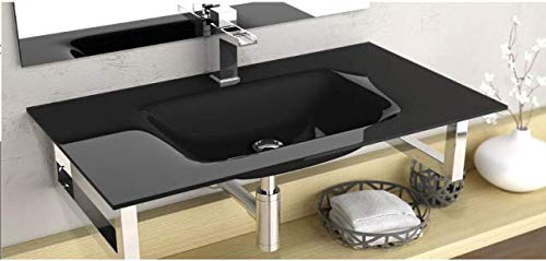 Art-of-Baan® Glas-Designwaschbecken I edles Waschbecken I hochwertiges Handwaschbecken in Schwarz I DIN Hahnloch & DIN Abfluss I Waschbecken groß I Maße: 610 x 460 x 140 mm