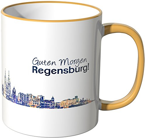 WANDKINGS® Tasse, Schriftzug Guten Morgen Regensburg! mit Skyline bei Nacht - DUNKELGELB
