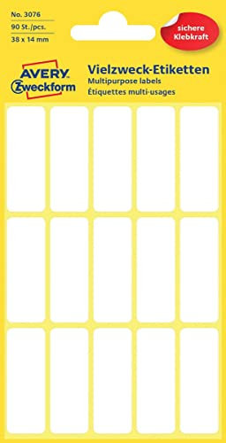 Avery 3076 Abgerundete Abgerundete Rechteck weiß 90Stück – Selbstklebende Etikette (weiß, rechteck, 38 x 14 mm, Papier, 38 x 14, 90 Stück (S))