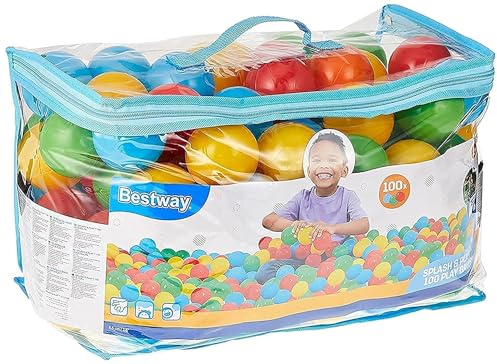 Bestway 52027 - Bolas de Colores para Piscina de Bolas Hinchable 100 Unidades de PVC con Bolsa de Transporte 4 Azul, Amarillo, Verde y Rosa Diámetro 6,4 cm
