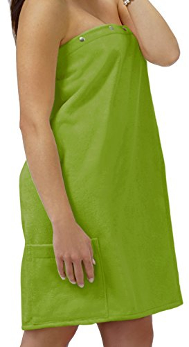 Lashuma Saunakilt Dame Grün - Moos, Saunatuch aus Frottee Baumwolle, Sauna Sarong mit Druckknöpfen, Tasche und Gummizug
