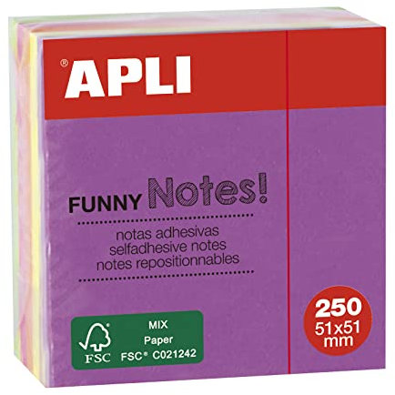 Apli 11596 - Note adesive Funny 51 x 51 mm - mini-blocco da 250 fogli - 5 colori assortiti fluorescenti