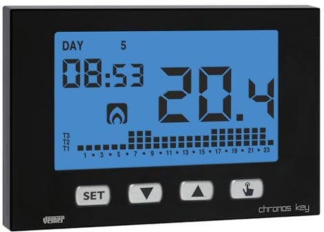 VEMER VE726600 Termostato de Ambiente de Pared para Calefacción y Aire Acondicionado, Pantalla LCD, Teclado de 4 Teclas, Programación Semanal, Alimentación a Pilas, Negro