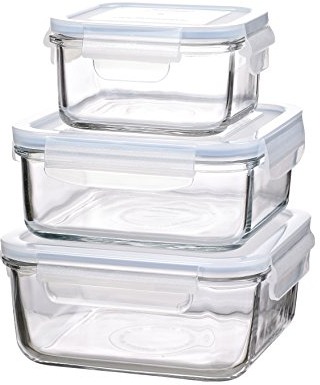 GLASSLOCK (GL-641, 1x 490ml, 1x 900ml, 1x 1200ml Quadratisch Vorratsdosen aus temperiertem Glas - Mikrowellen Typ