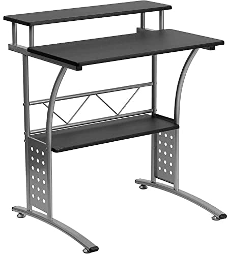 Flash Furniture Computer-Schreibtisch, Bürotisch mit schwarzer Laminat-Tischplatte, stabil und kompakt, Heimbüro-Tisch mit silberfarbenem Gestell und Ablagefach, 60 x 71 x 84 cm