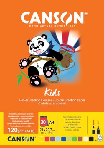Canson Kids, Papel de dibujo de color, Suave, 120g, Encolados por el lado corto, A4-21x29,7cm, 10 colores surtidos, 30 Hojas