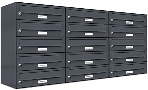 AL Briefkastensysteme 15er Briefkastenanlage Anthrazit Grau RAL 7016, Premium Briefkasten DIN A4, 15 Fach Postkasten modern Aufputz