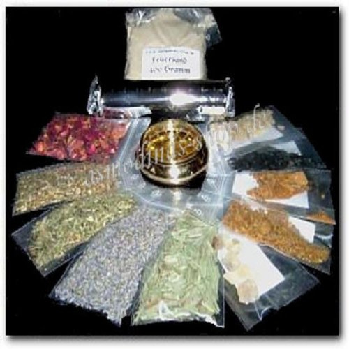 Asmondia 13teiliges Räucherset - Starterpaket 'Hexenkiste' mit 5 Harzen, 5 Kräutern, Räucherschale, Kohle, Sand und Anleitung