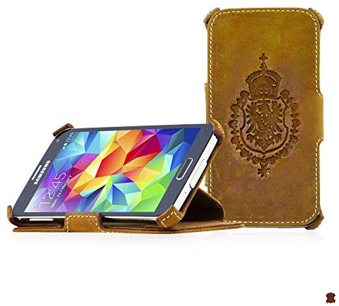 Manna Handyhülle, kompatibel mit Samsung Galaxy S5 / S5 NEO / S5 Duo, Cover Case Tasche Schutzhülle für Smartphones, Aufstellbar, Nubuk Leder Braun