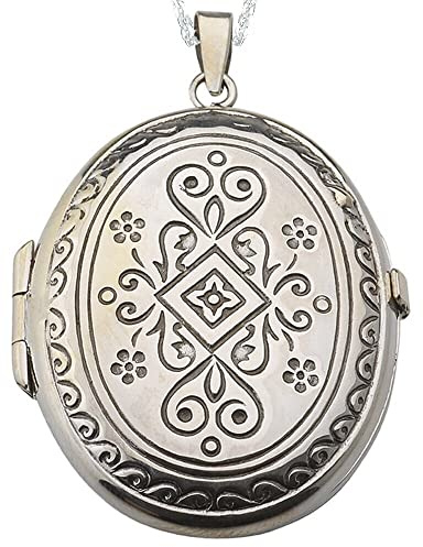 Alylosilver Silber Oval Medaillon Anhänger Zum Öffnen Für Zwei Bilder Für Frauen Mit Einer Gravur In Gealterter Ausführung - Beinhaltet Eine 45 Zentimeter Lange Silber Kette Und Eine Geschenk Box.