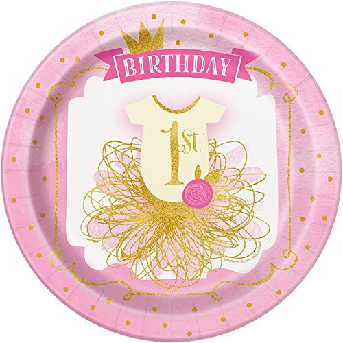 Unique Party 58155 58155-23cm Pink and Gold Girls 1st Birthday Party Plates, Pack of 8, Paper, Pink & Gold