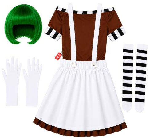 Fun Shack Costume Operaio Fabbrica Cioccolato Adulto, Halloween Adulto | T-shirt Marrone, Gonna Bianca, Calzini, Guanti & Parrucca Verde, Perfetto per Halloween, Ideale per Travestirsi
