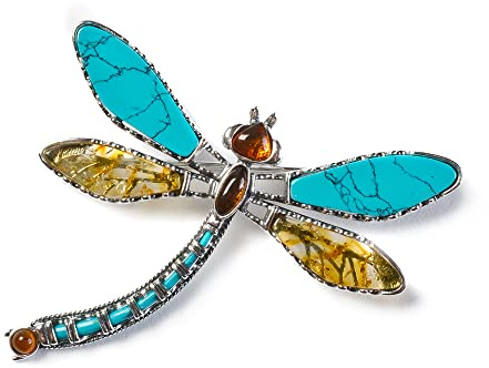 Die exotische Libelle – klassische silberne Brosche mit gelbem baltischen Bernstein und Türkis