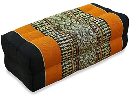 livasia Block Yogakissen eckig - 17x34x12cm - Meditationskissen mit Kapok, Stützkissen Bolster rechteckig, Yoga Pilates Zubehör Nackenkissen, Thaikissen fest handgefertigt (Schwarz/Orange)