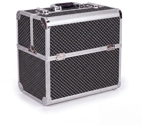 N&BF Kosmetikkoffer Groß Schwarz Carbon | Abschließbarer Schminkkoffer & Beautycase aus Aluminium | Nagelkoffer mit 4 Ausklappfächern | Friseurkoffer & Make Up Koffer 36,5 x 22,5 x 35,5 cm