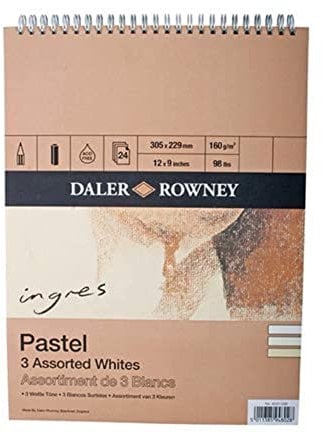 Daler-Rowney Papel para pastel, Textura verjurada, Ingres, 160gsm, Bloc espiral, 30.5x22.9cm, 3 blancos surtidos, 24 hojas