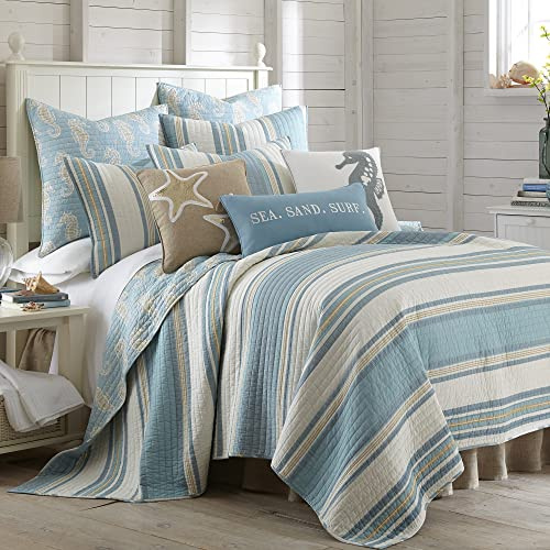 Levtex Home Blue Maui Quilt Set, Full/Queen Quilt + Two Standard Pillow Shams, Striped Coastal Design in Light Blue, Cream and Tan, Quilt Size (88 x 92), Pillow Sham Size (26x 20) Reversible, Cotton