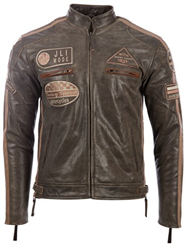 Aviatrix Giacca da Moto da Uomo in Vera Pelle con Colletto Banda e Stemmi Racing (CXUS)