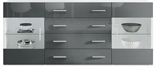 Vladon Buffet Dressoir Bari V2, Corps en Blanc Mat/Façades en Gris Haute Brillance (166 x 72 x 35)