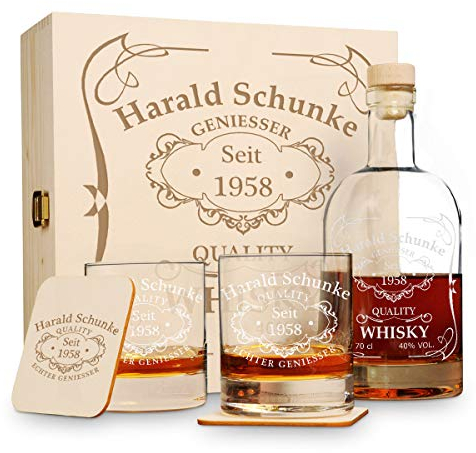 6 TLG Geschenk-Set in Holzkiste mit Gravur - 2 Whiskygläser, 2 Untersetzer und Whisky-Karaffe in Geschenk-Box - Personalisiert zum Geburtstag - Motiv Quality Whisky