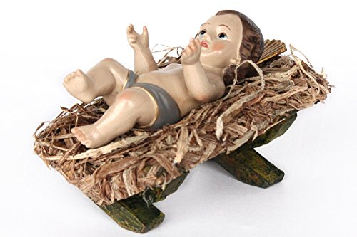 ELLUG Jesus Christkind Jesuskind Christuskind 12,5 * 5,5cm mit Heiligenschein auf Stroh in Holzkrippe 13x8 cm, lose
