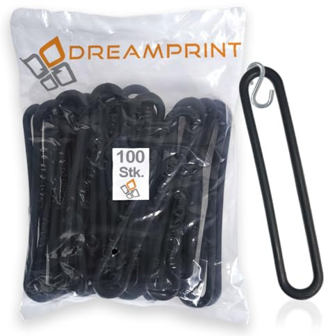 Dreamprint Gummispannringe (100 Stück, 250mm, Ø8mm) + 100 x S-Haken - Spanngummi in Schwarz für Anhängerplanen - Gummiring, Spannring, Gummiband, Planenspanner - Ideal für KFZ, Boote, Markisen & Co