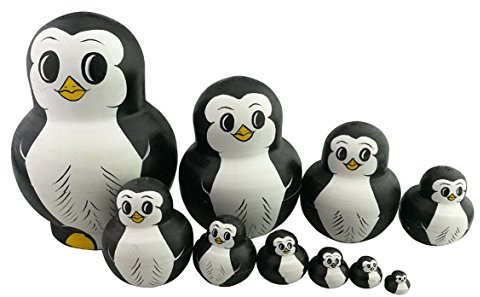 Set aus 10 ineinander stapelbaren Tieren - Motiv „Pummeliger Pinguin“ - Matroschka-Prinzip - handgefertiges Spielzeug aus Holz für die Dekoration des Kinderzimmers