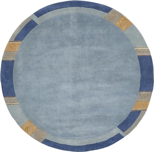 -LUXOR- living Wollteppich Manali – handgeknüpfter Kurzflor Teppich aus 100% Wolle, pflegeleicht & langlebig, für Wohnzimmer & Schlafzimmer, klassisches Design, 150 cm Rund, Blau