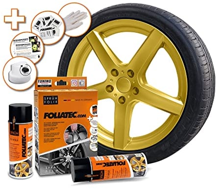 Foliatec Sprühfolie Auto Felgenfolie Sprüh Lack Set für 4 Felgen, Abziehbar, Gute Deckkraft, gold metallic matt, 2x 400ml